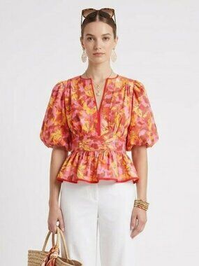 Avara Floral Puff Sleeve Peplum Top Bright Euro Summer Blouse XS